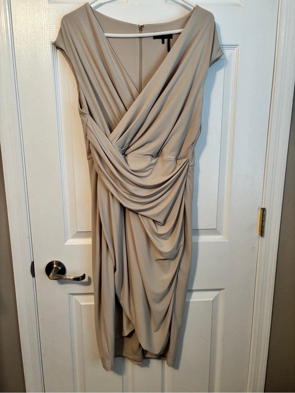 Donna Karan Taupe Draped V-Neck Midi Dress